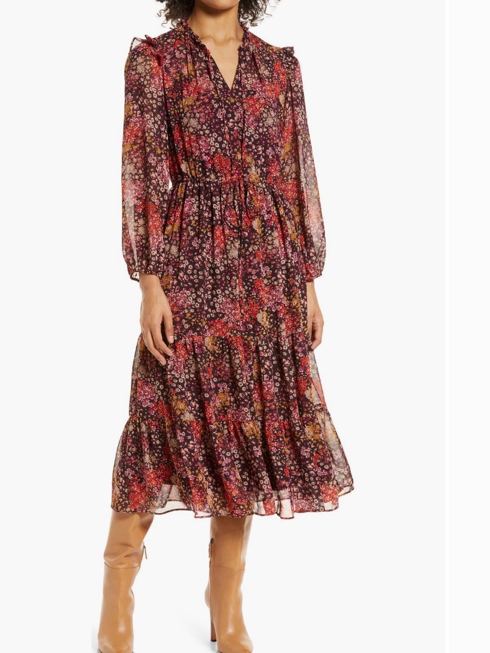 Floral Tiered Midi Dress in Wine Multi - Brand: Julia Jordan